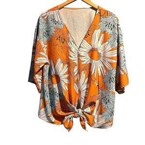 Boho Cottage V-Neck Bold Floral Print Blouse 2X Waist Tie Wrinkle Free Versatile